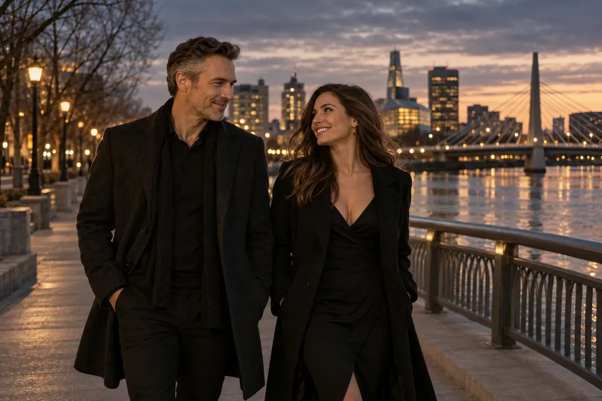 two adults smiling during an evening walk beside a city river.