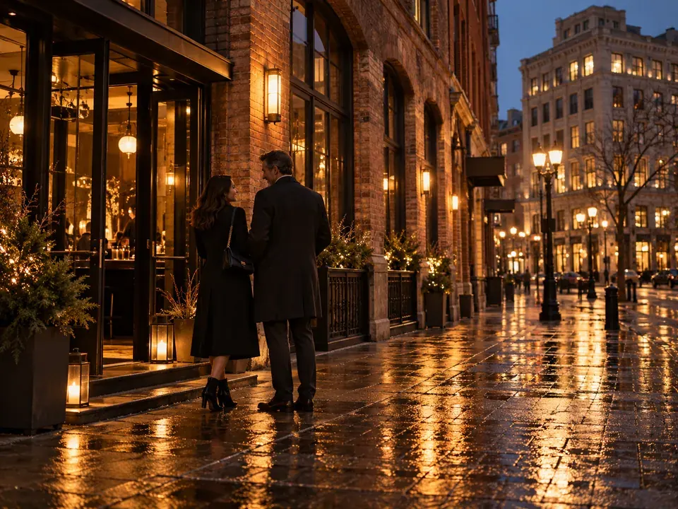  two adults outside a restaurant on an Exchange District-inspired brick street