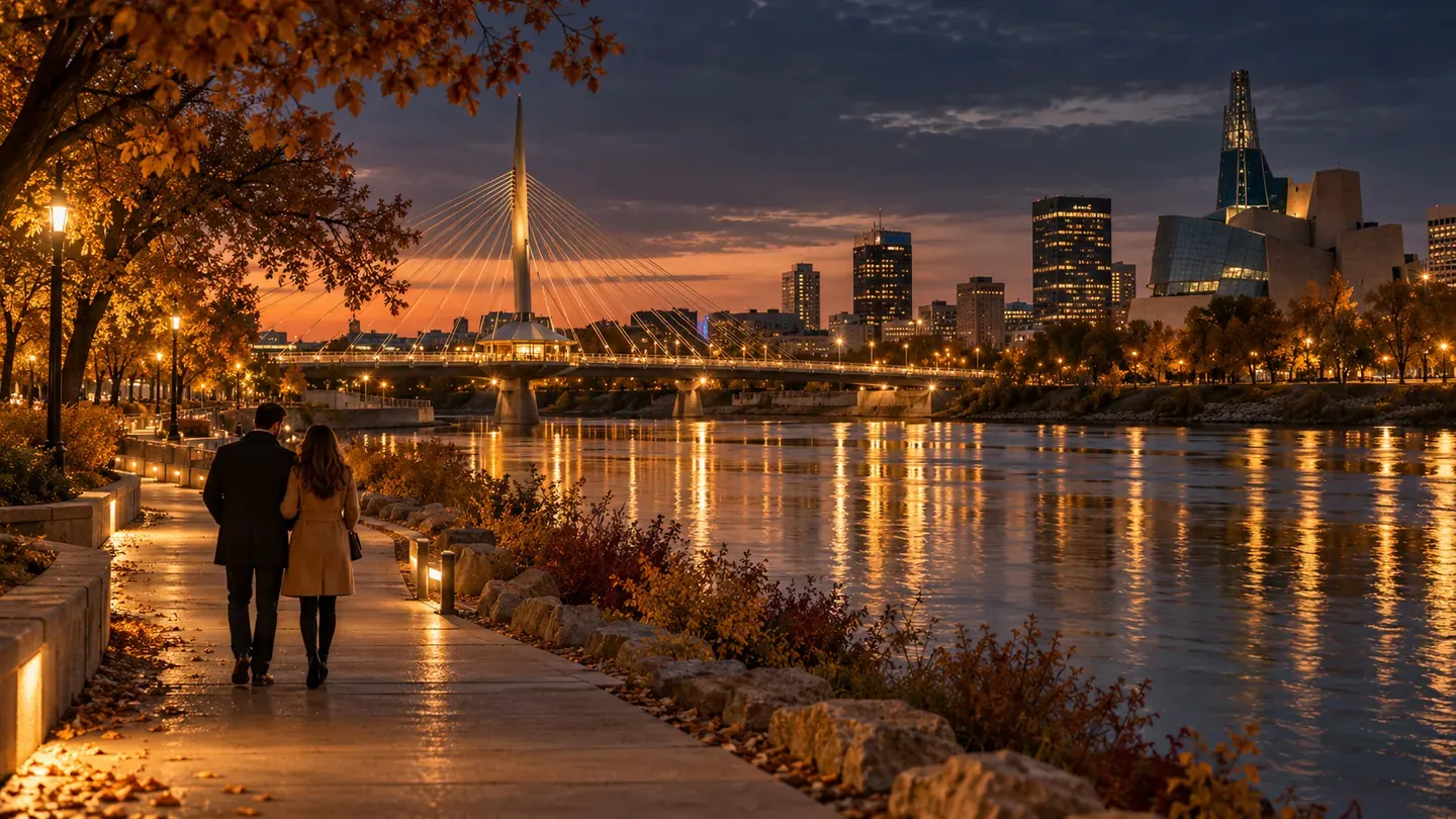  a couple on a Winnipeg-inspired riverside promenade at dusk