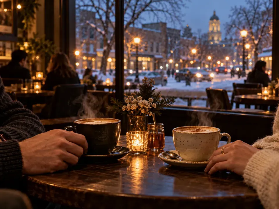  coffee for two in a warm cafe with snow outside